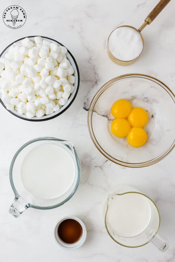 top down view of the ingredients needed to make marshmallow ice cream, each in separate bowls.