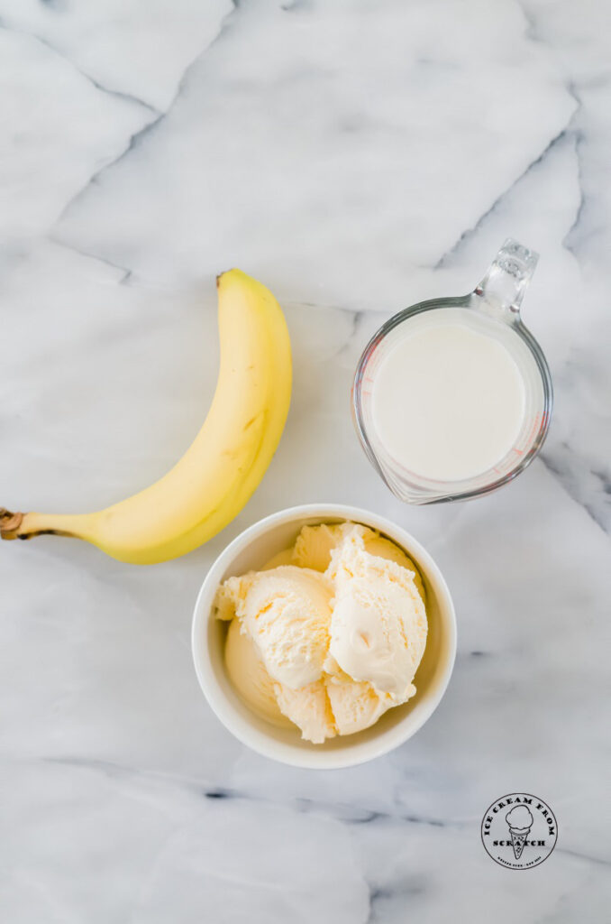 top down view of ingredients in banana milkshakes