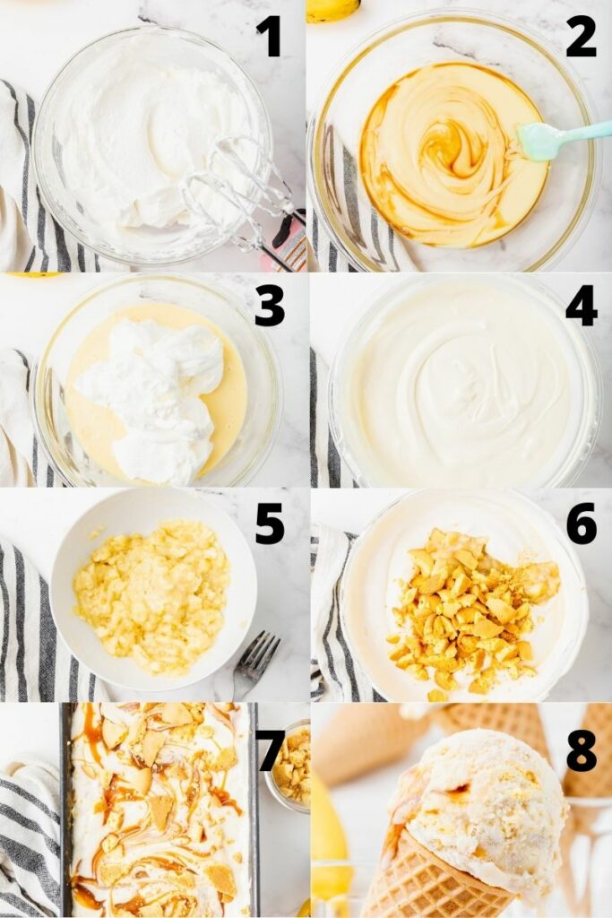 photo collage showing 8 steps needed to make banoffee pie ice cream