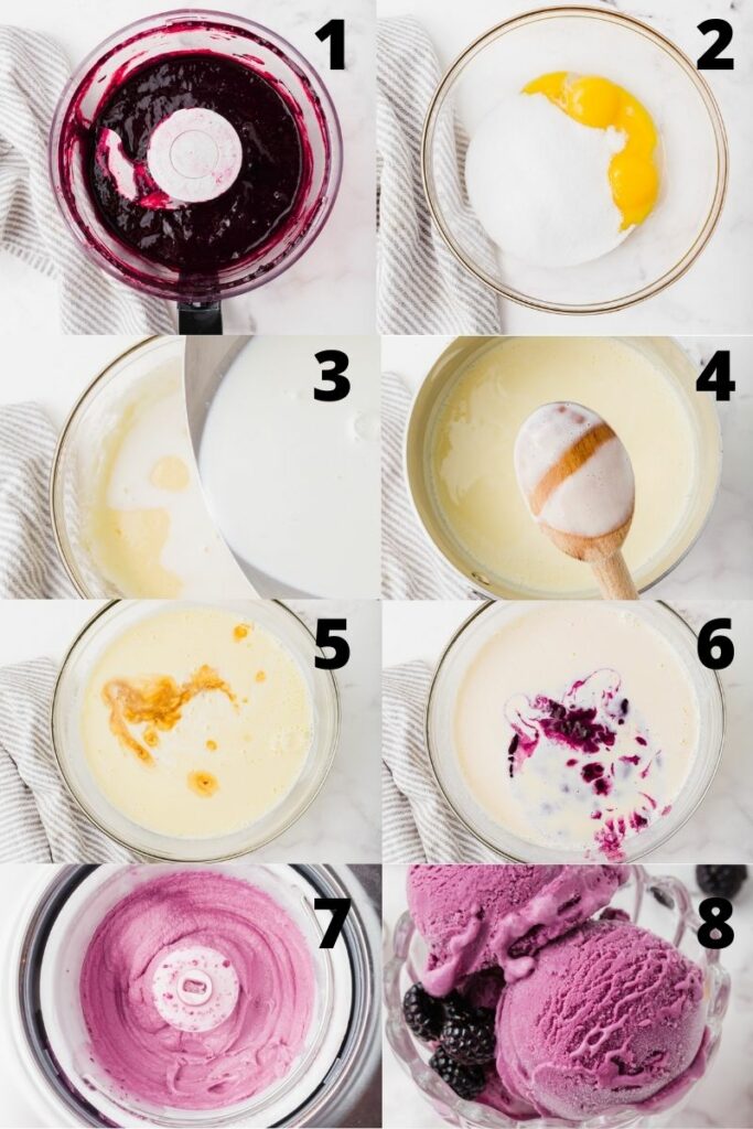 photo collage showing 8 steps needed to make black raspberry ice cream