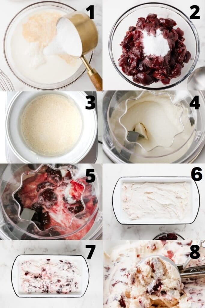 a collage of 8 photos showing the steps to make cherry vanilla ice cream