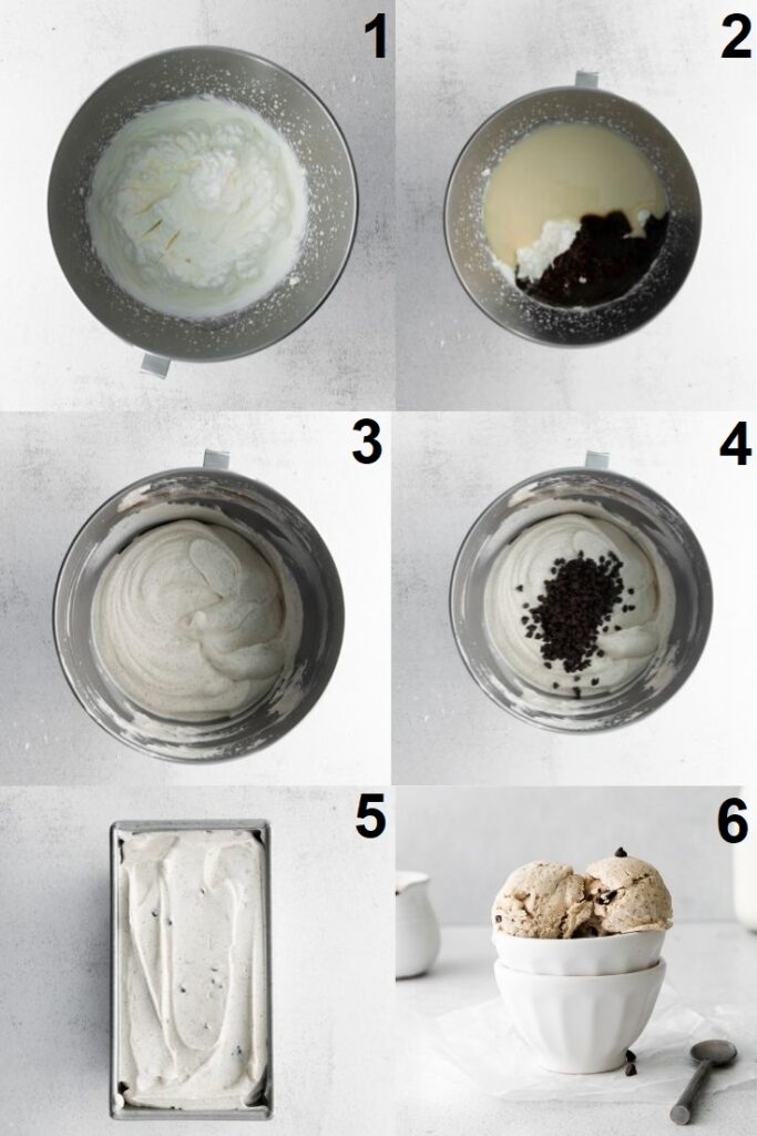 a collage of 6 photos showing the steps to make coffee flavored ice cream