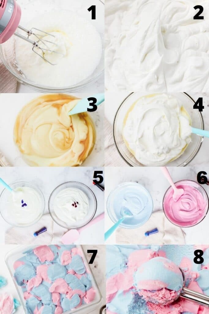 a collage of 8 photos showing how to make cotton candy ice cream