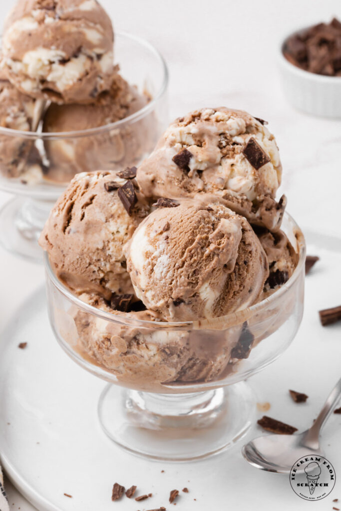 a glass dish on a white plate, filled with multiple scoops of french silk ice cream.