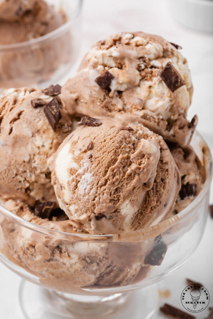 a glass dish on a white plate, filled with multiple scoops of french silk ice cream.