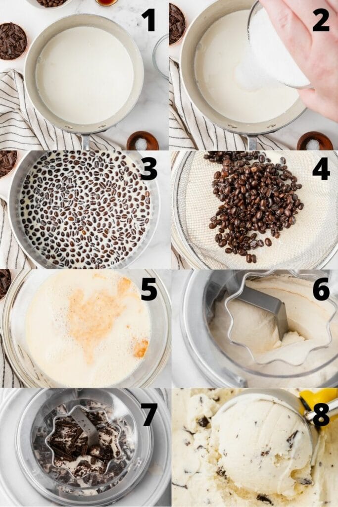 photo collage showing 8 steps needed to make java chip ice cream in an ice cream maker.