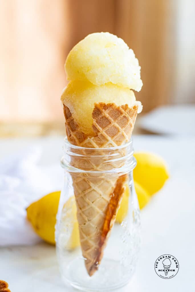 Lemon sorbet in an ice cream cone
