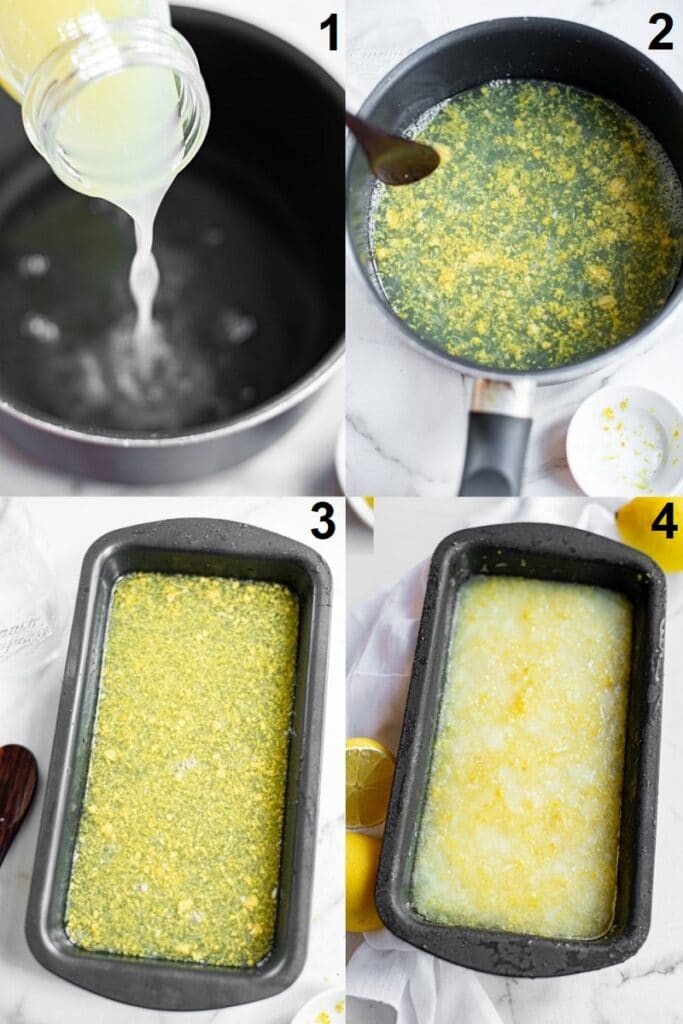 a collage of 4 photos showing the steps to make lemon sorbet