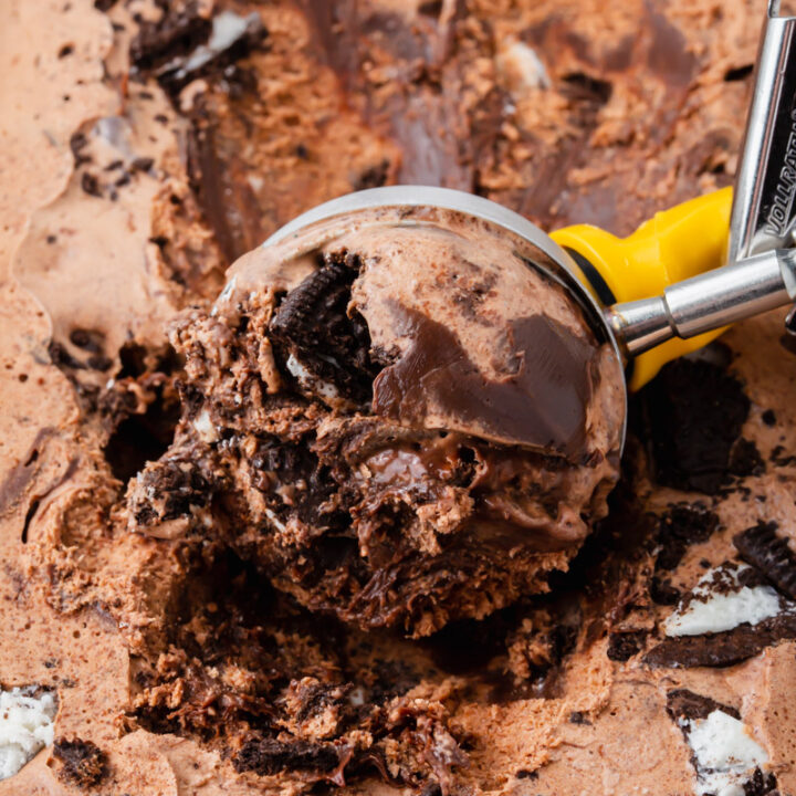 mississippi mud ice cream being scooped with a metal ice cream scoop