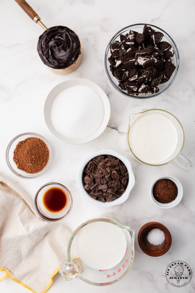 Ingredients needed to make mississippi mud ice cream, each in separate dishes.