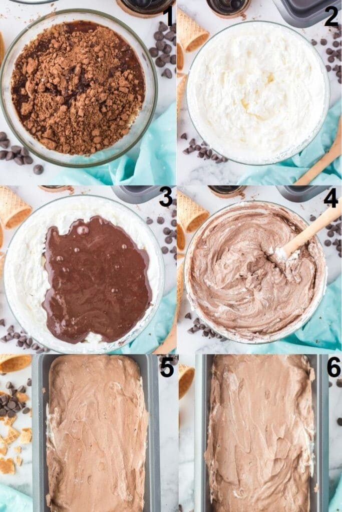 photo collage of six steps needed to make no churn chocolate ice cream