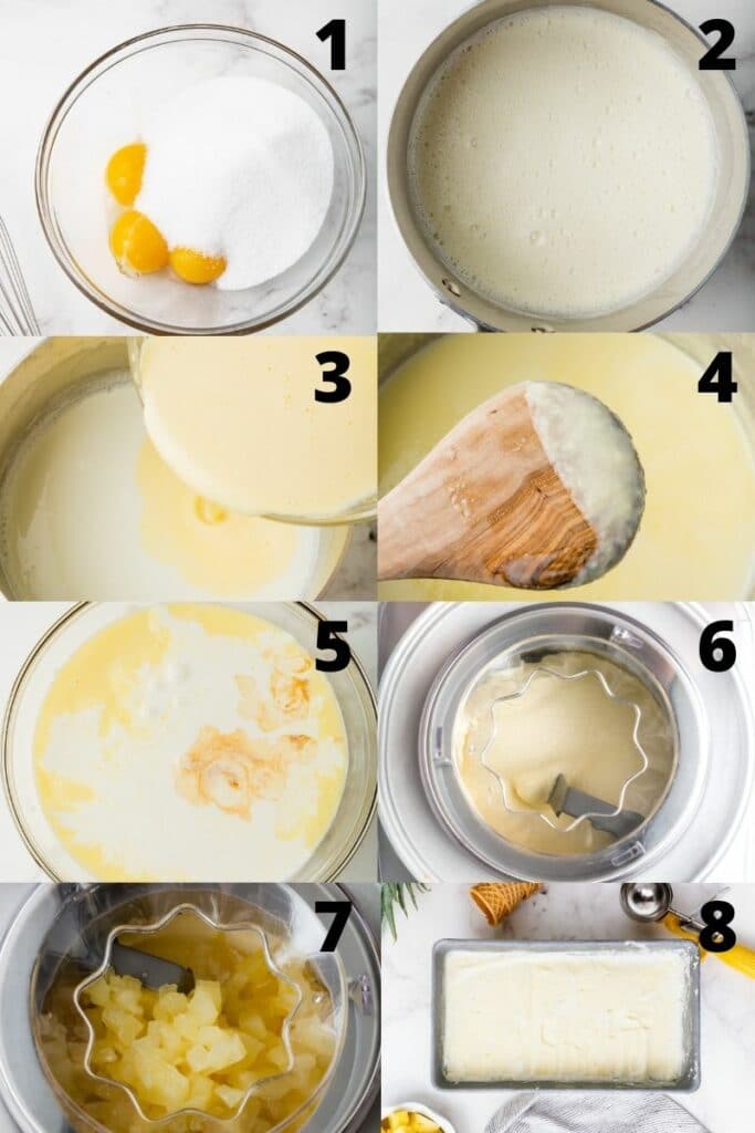 a collage of 8 photos showing the steps to make pineapple ice cream