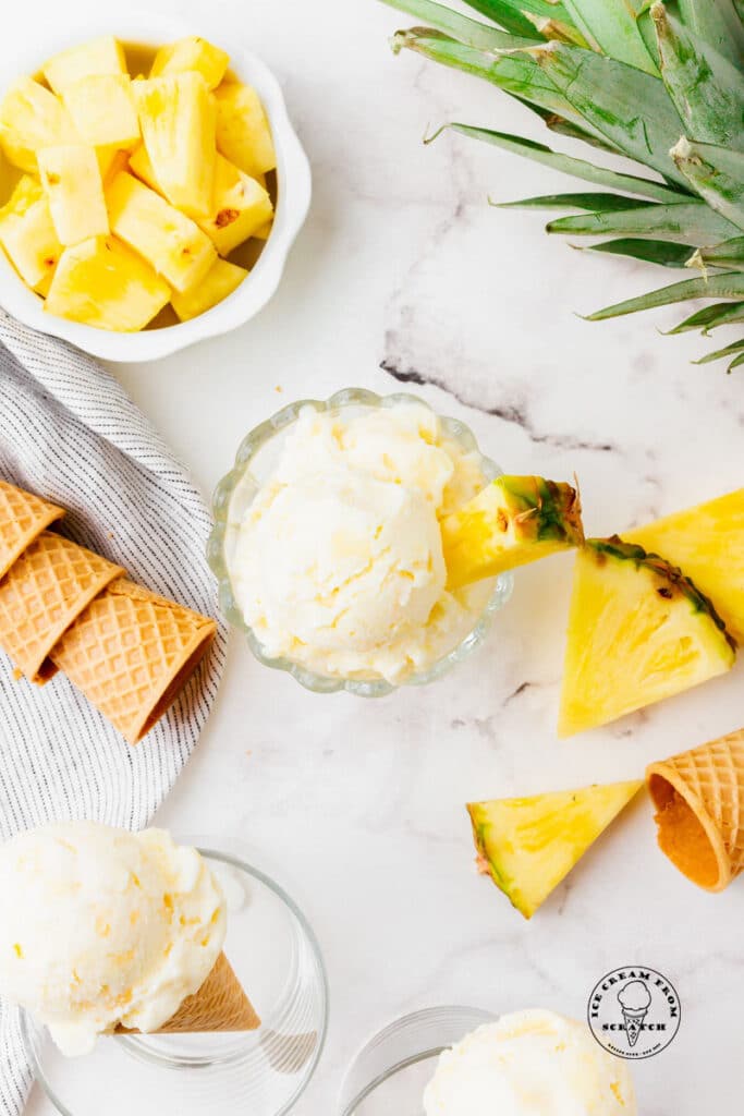 top down view of pineapple ice cream in a bowl