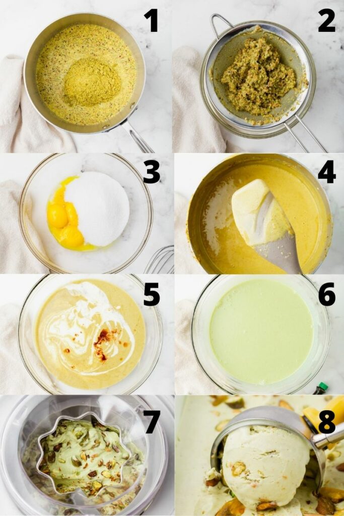 photo collage showing 8 steps needed to make pistachio ice cream