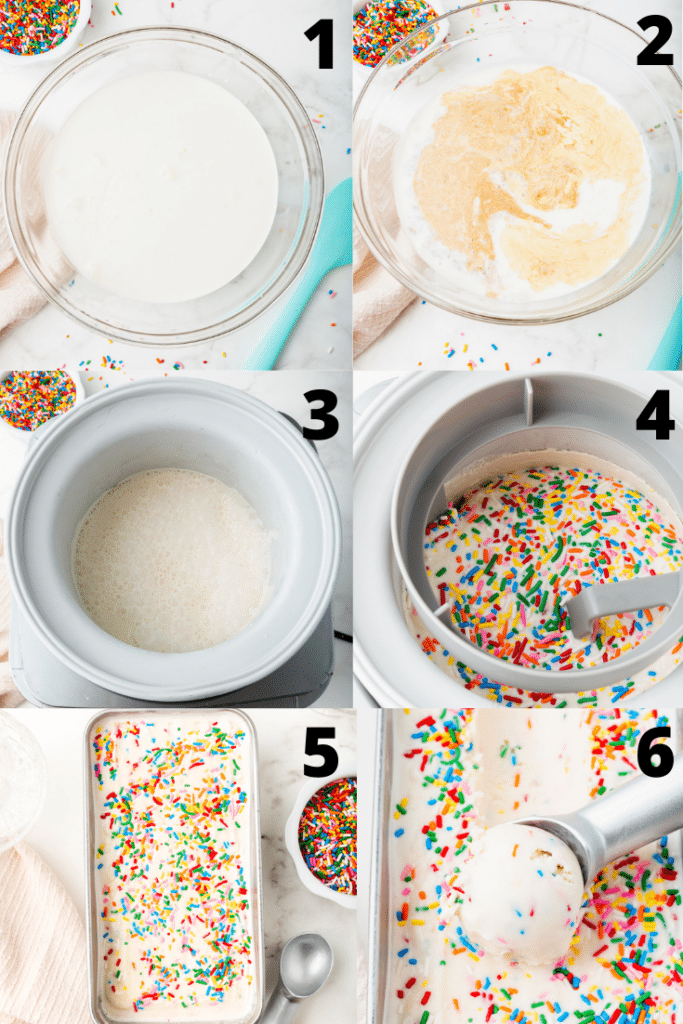 photo collage showing six steps needed to make sprinkles ice cream with an ice cream maker
