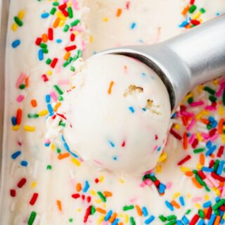 a silver ice cream scoop scooping into vanilla ice cream with sprinkles.
