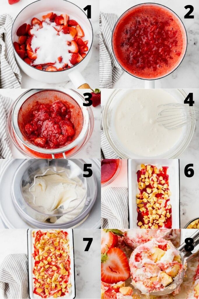 Photo collage showing 8 steps needed to make homemade strawberry shortcake ice cream