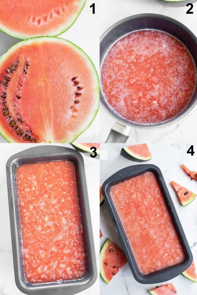 a collage of 4 photos showing the steps to make watermelon sorbet