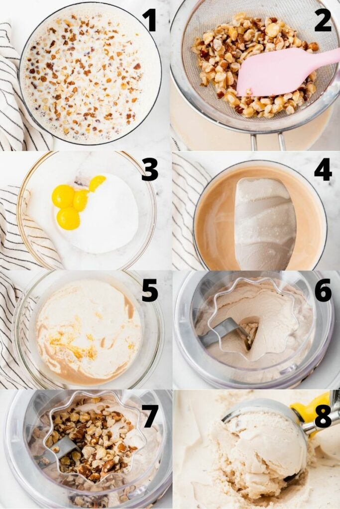 Photo collage showing 8 steps needed to make black walnut ice cream