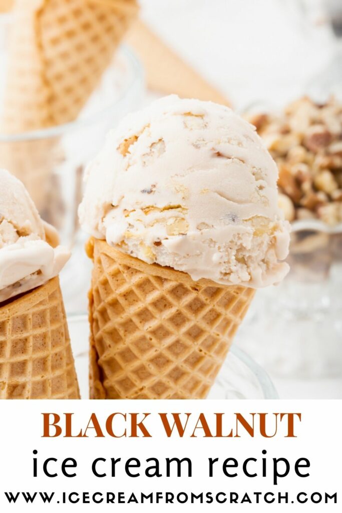 two sugar cones topped with a scoop of walnut ice cream, propped up in a glass dish. Text overlay at bottom of image states Black Walnut Ice Cream Recipe