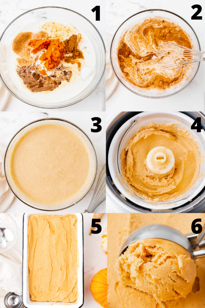 photo collage showing six steps needed to make pumpkin spice ice cream in an ice cream maker