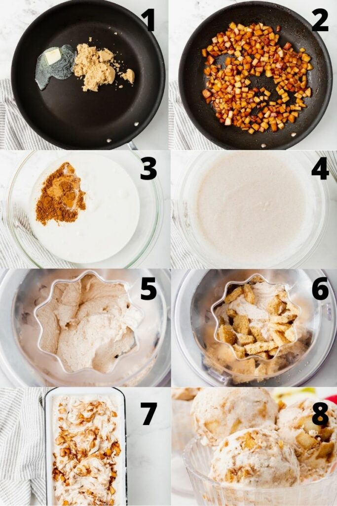 photo collage showing 8 steps needed to make apple pie ice cream