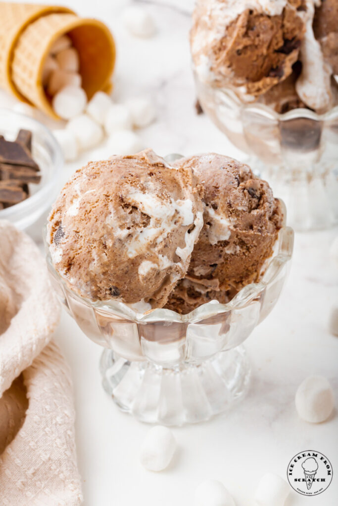 Two scopos of chocolate marshmallow ice cream in a glass dish. Mini marshmallows are strewn around as well as ice cream cones and chocolate chunks.