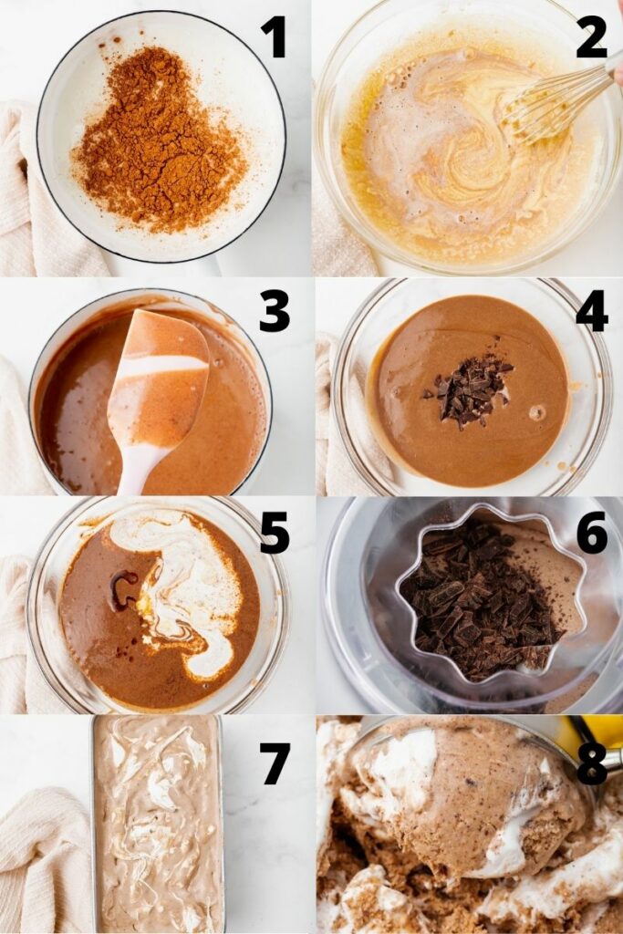 Photo collage showing 8 steps needed to make chocolate marshmallow ice cream in an ice cream maker.