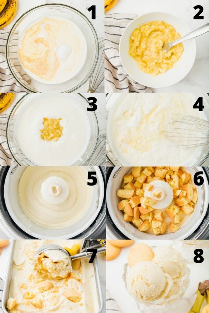 Photo collage showing 8 steps needed to make banana pudding ice cream.