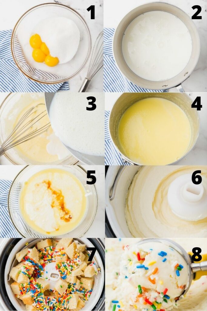 Photo collage showing 8 steps needed to make birthday cake ice cream