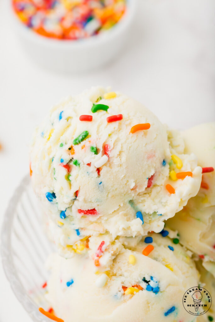 Closeup view of a scoop of birthday cake ice cream with rainbow jimmies in a glass bowl.