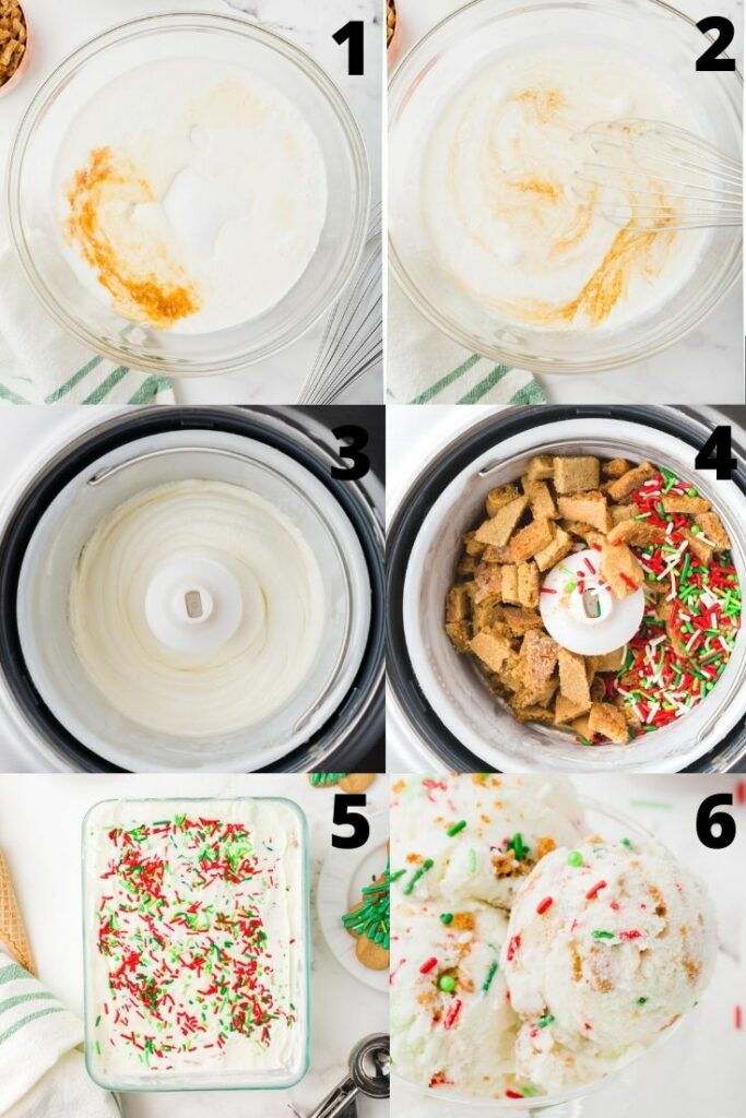 Photo collage showing six steps needed to make christmas ice cream in an ice cream maker