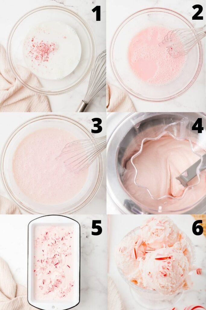 Photo collage showing 6 steps needed to make peppermint ice cream.