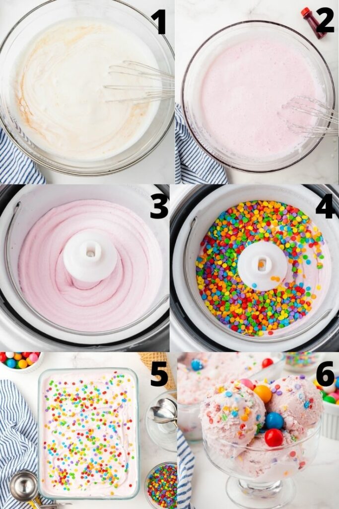 photo collage showing six steps needed to make homemade bubblegum ice cream from scratch