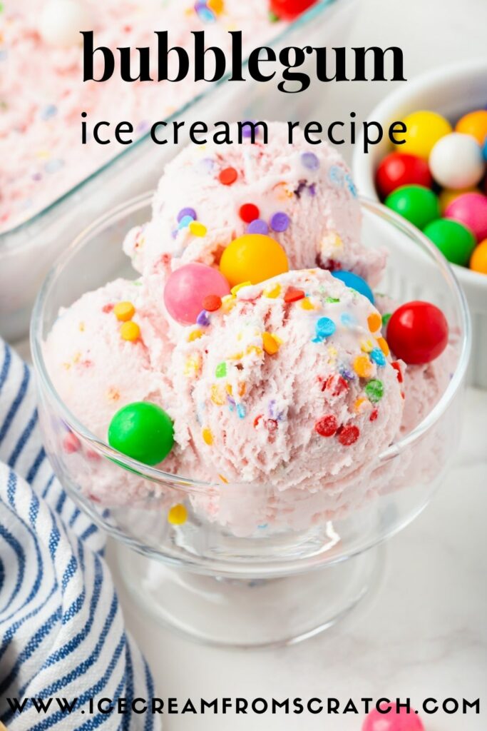 A glass dish of pink bubblegum ice cream with rainbow sprinkles and garnished with gum balls.