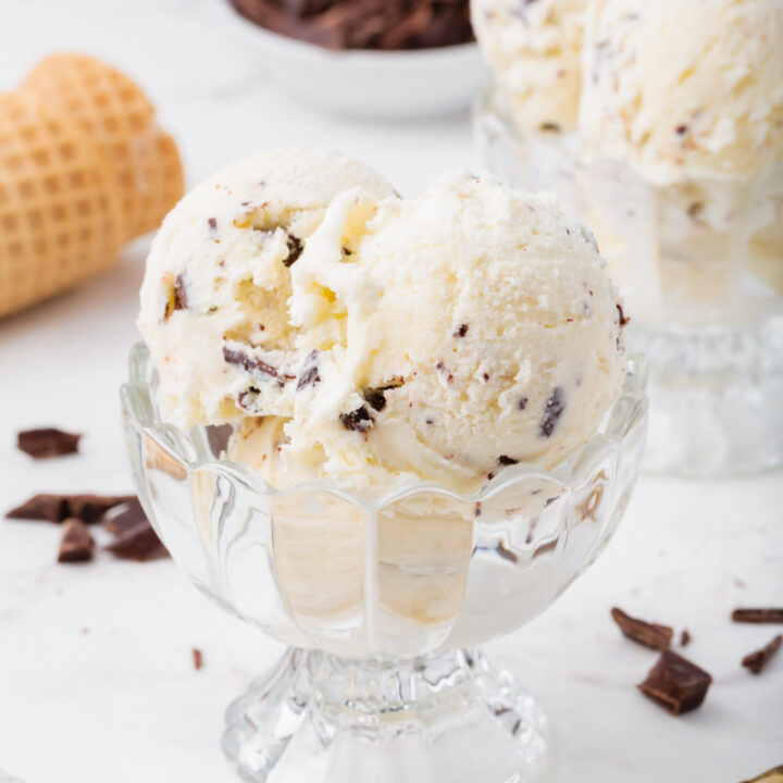 a footed glass dessert dish is filled with scoops of homemade chocolate chip ice cream