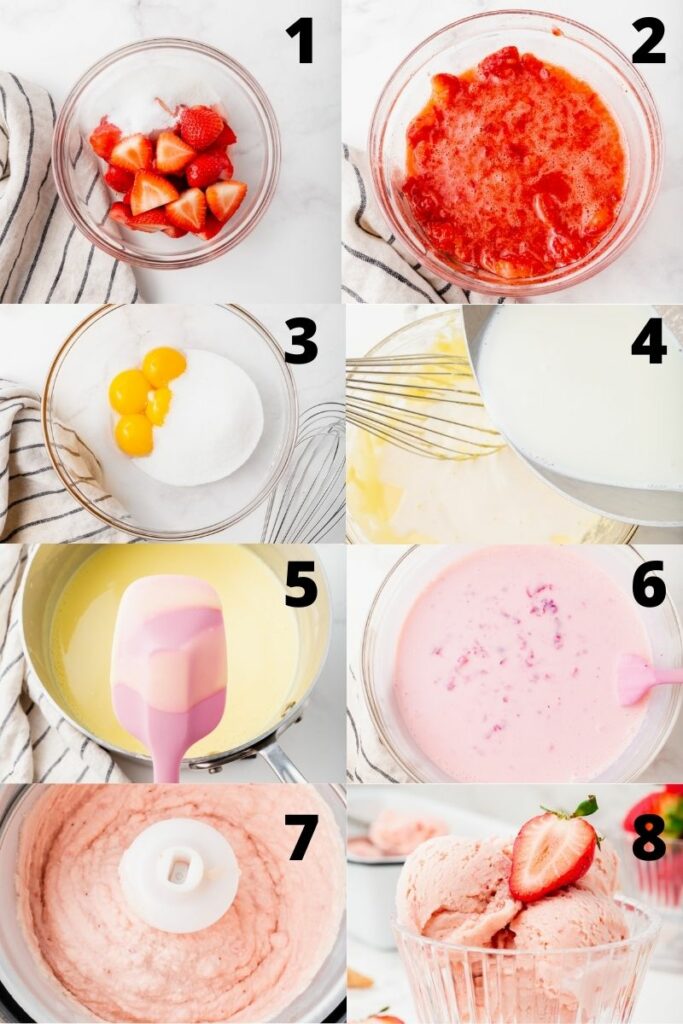 photo collage of pictures of 8 steps needed to make a traditional strawberry ice cream from scratch.