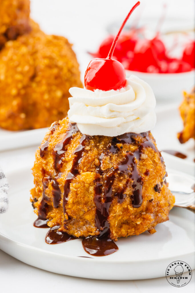 A single scoop of fried ice cream topped with chocolate syrup, whipped cream, and a marachino cherry