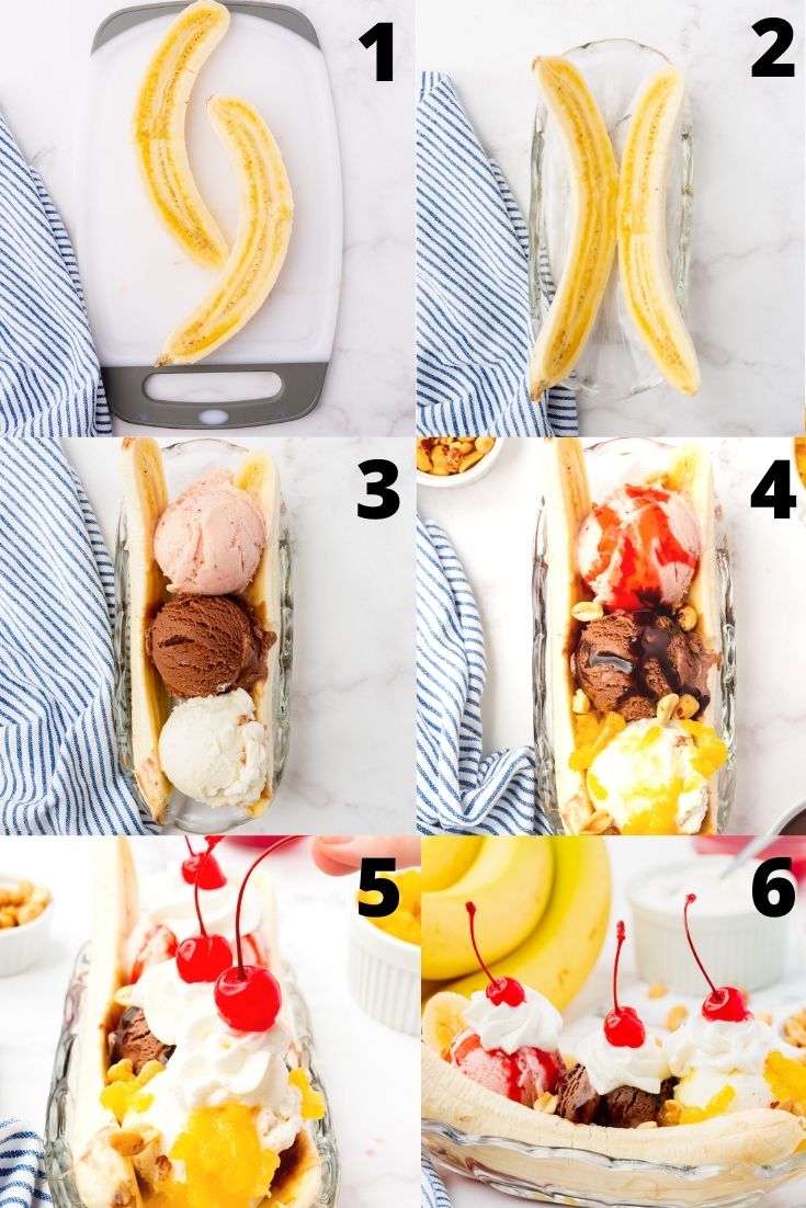 a collage of images showing six steps to take when making a banana split recipe