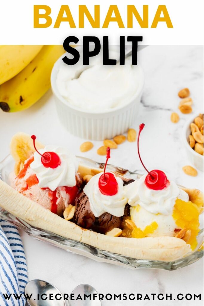 a banana split made in a glass dish, topped with whipped cream and cherries. a text overlay says, Banana Split