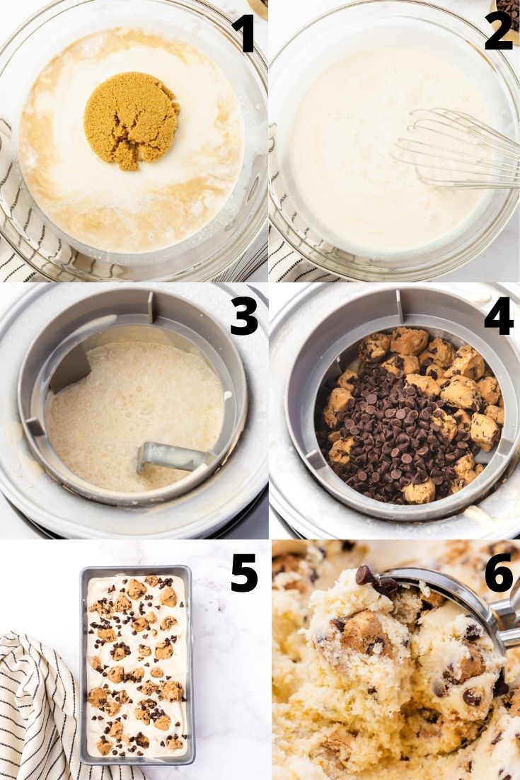 photo collage showing 6 steps needed to make cookie dough ice cream. 