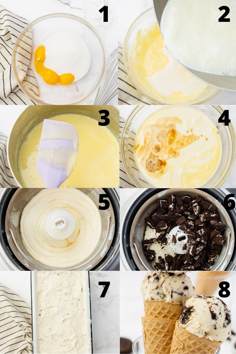 a photo collage of 8 images showing steps in the process of making oreo ice cream from scratch with an ice cream maker