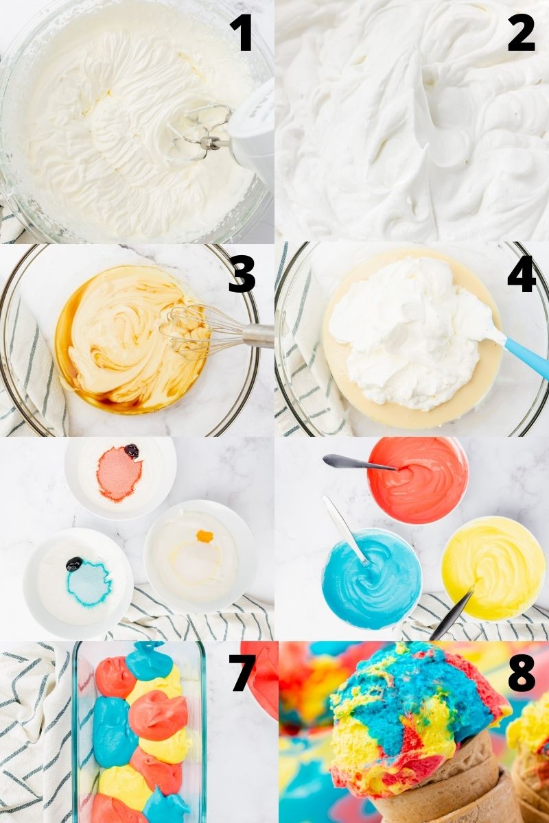 a photo collage of eight images showing 8 steps needed to make Homemade superman ice cream without an ice cream maker