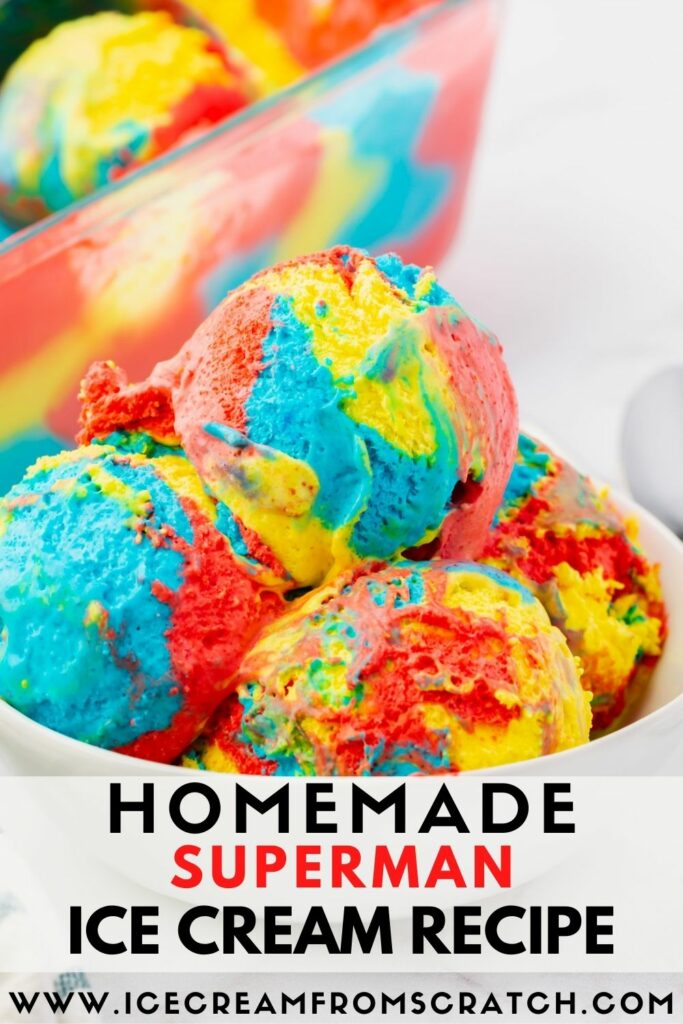 a bowl filled with scoops of red, blue, and yellow swirled superman ice cream