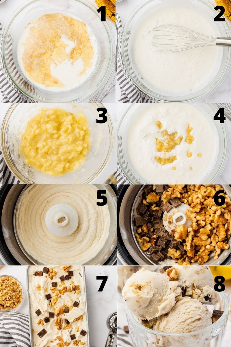a collage of 8 photos showing the steps of how to make chunky monkey ice cream.