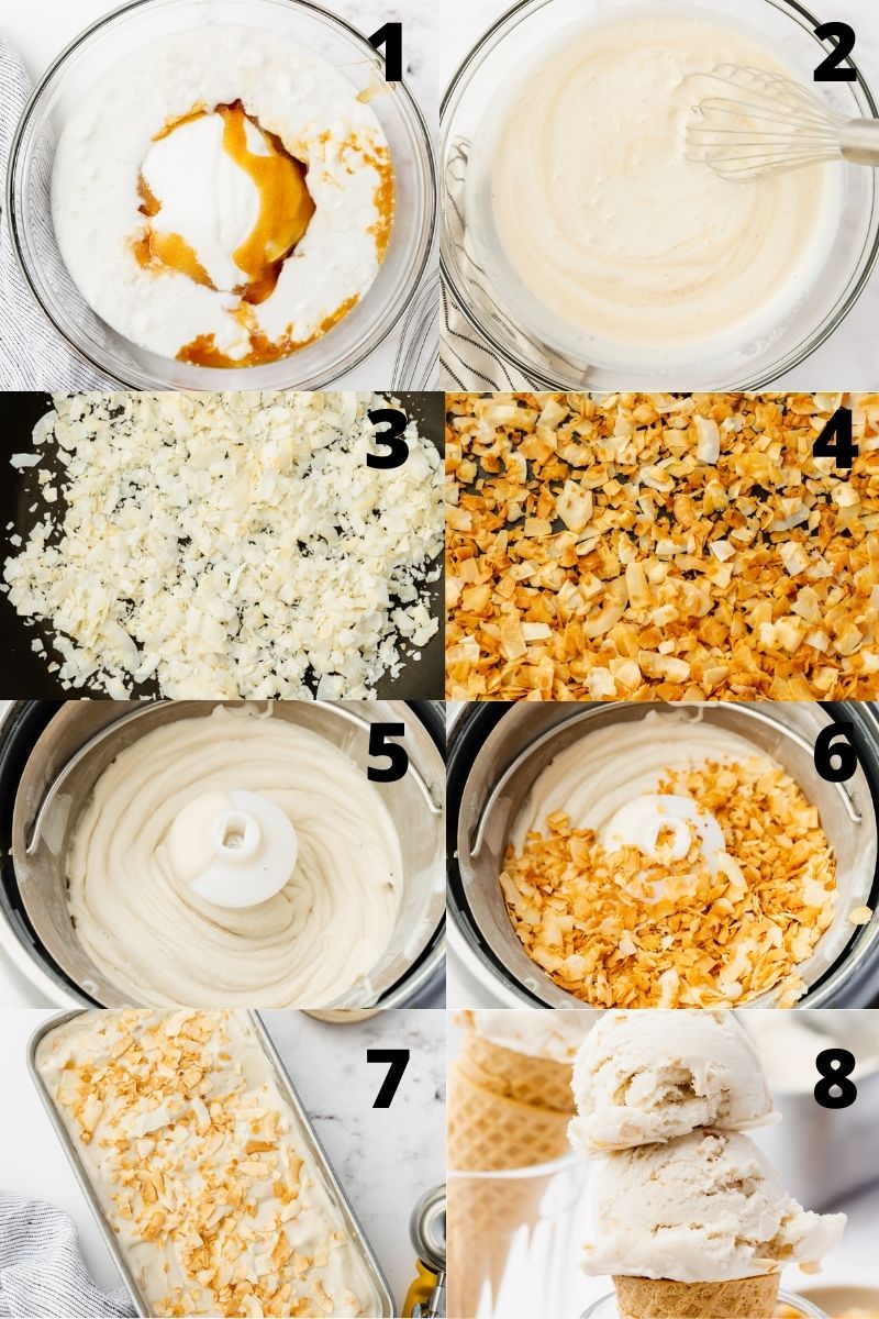 a collage of 8 photos showing steps needed to make coconut milk ice cream.