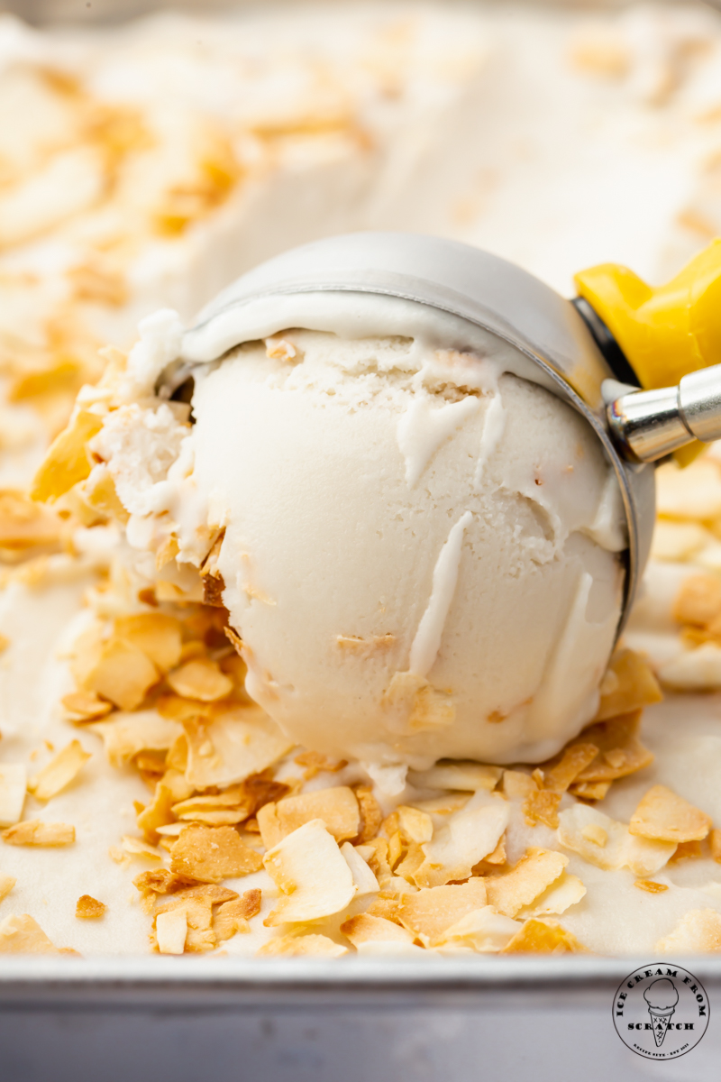 a closeup view of a pan of homemade coconut ice cream topped with coconut pieces being scooped with a metal ice cream scoop.