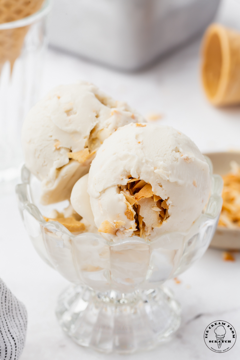 a footed, fluted ice cream dish filled with scoops of coconut ice cream with toasted coconut flakes