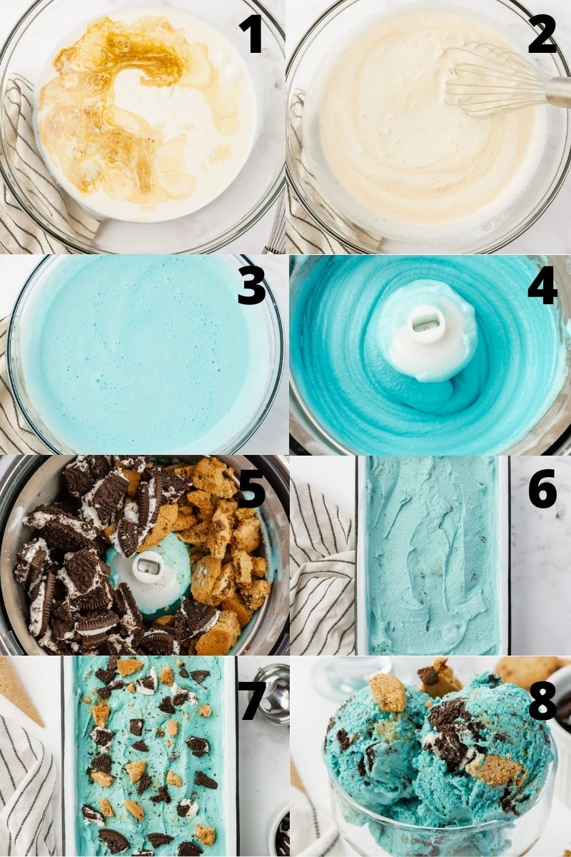 a photo collage showing 8 images of the steps needed to make cookie monster ice cream from scratch in an ice cream maker.