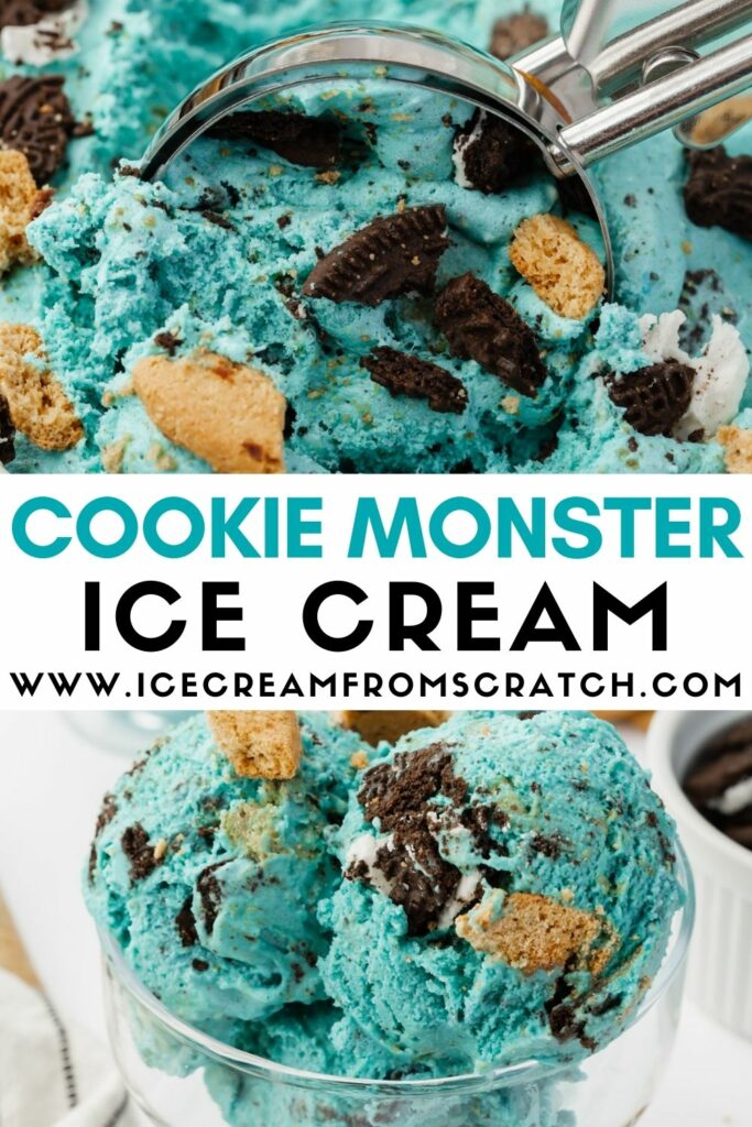 Two photos of blue cookie monster ice cream. Text in between the photos says, Cookie Monster Ice Cream